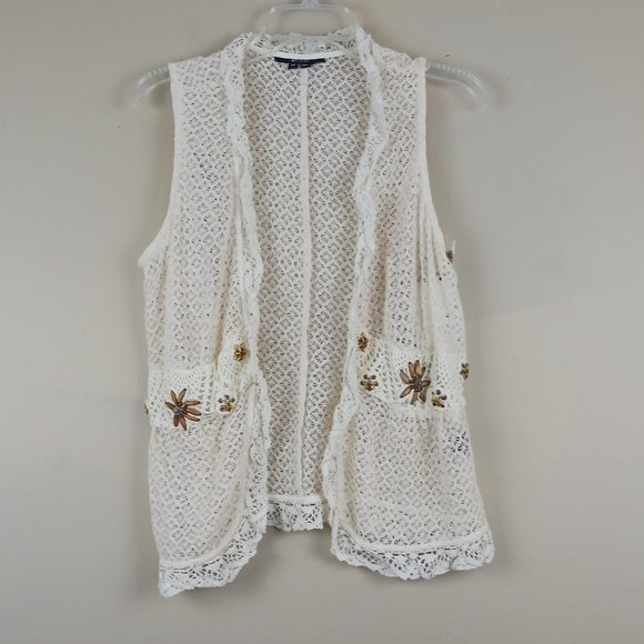 E by ECI| NWT Coastal Beachy Crochet Beaded Sheer Sleeveless Vest Cardigan Sz 14 - Picture 6 of 10